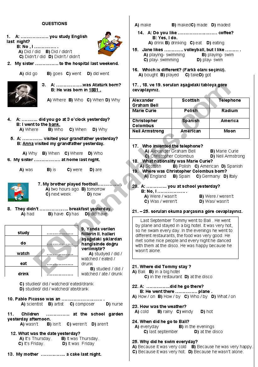 test on 7th year past simple  worksheet