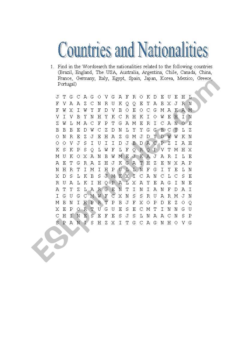 Countries and nationalities wordsearch