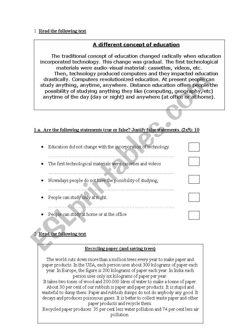 Reading and comprehension  worksheet