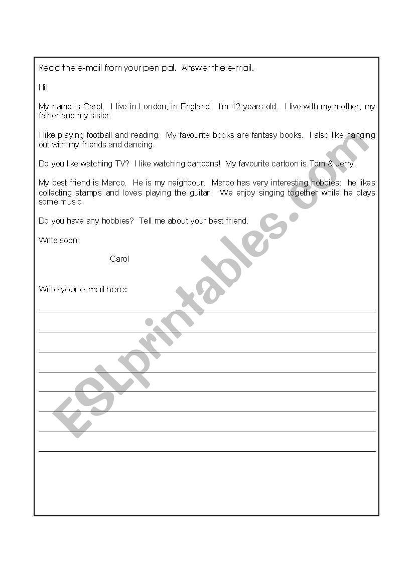 Pen Pal worksheet