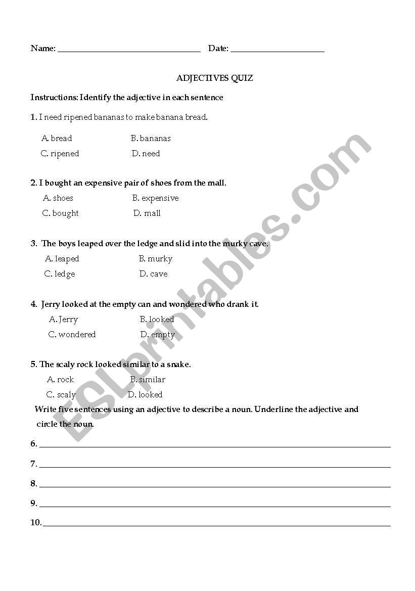Adjective Quiz worksheet