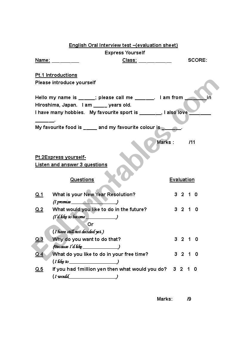 Speaking test worksheet