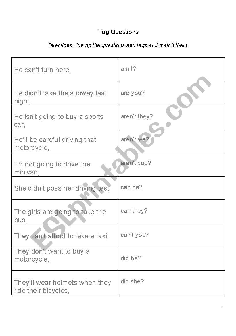 Tag Question Matching Cards worksheet