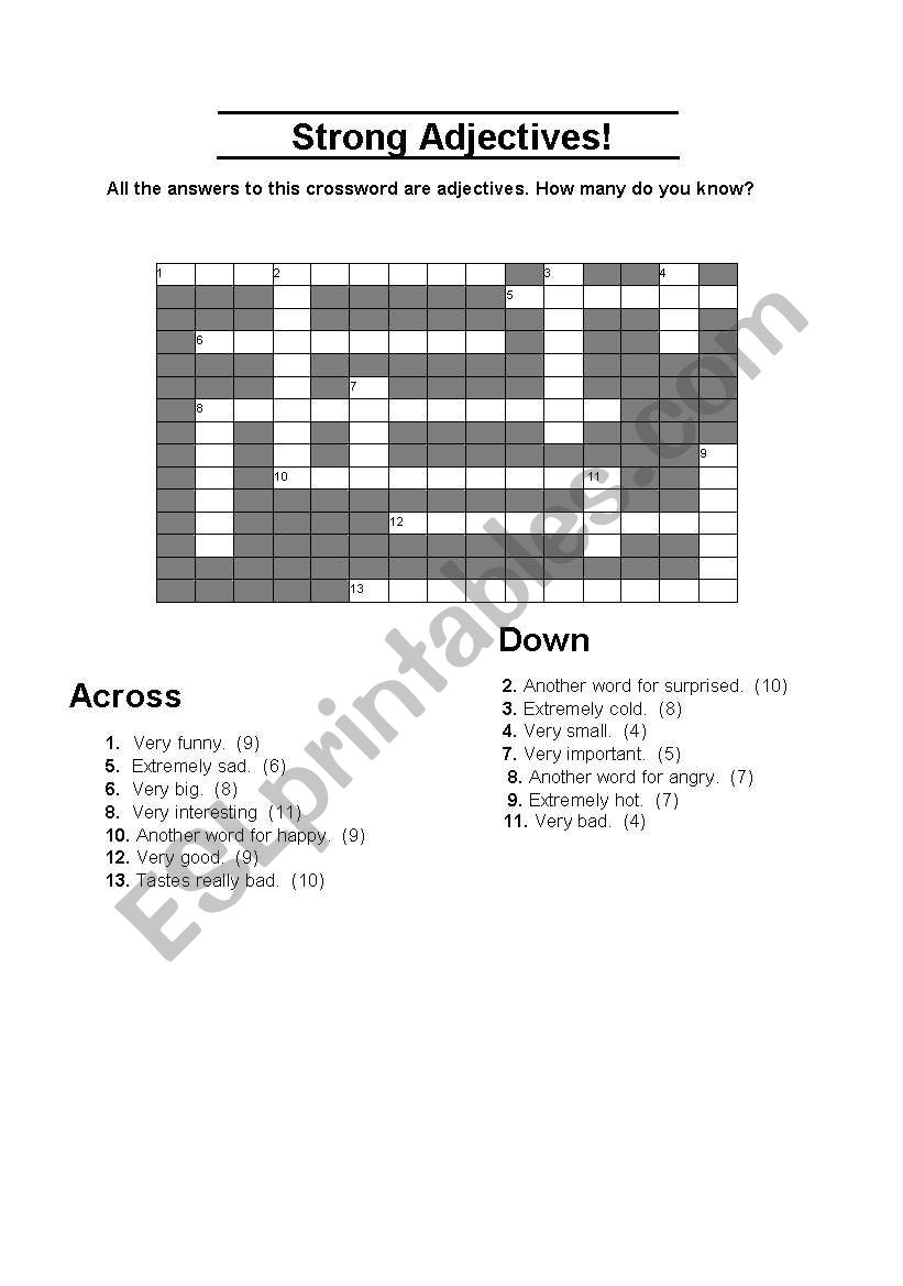 Strong adjective crossword worksheet