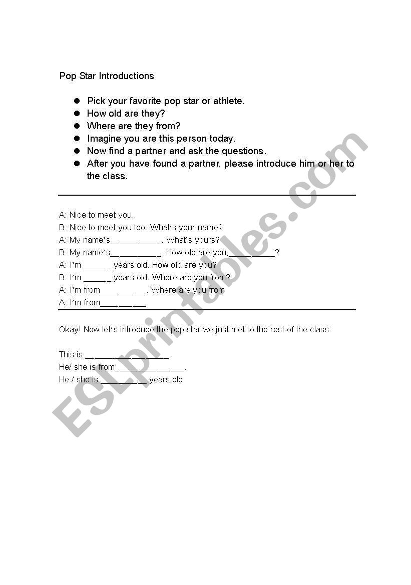 Pop Star Introductions worksheet