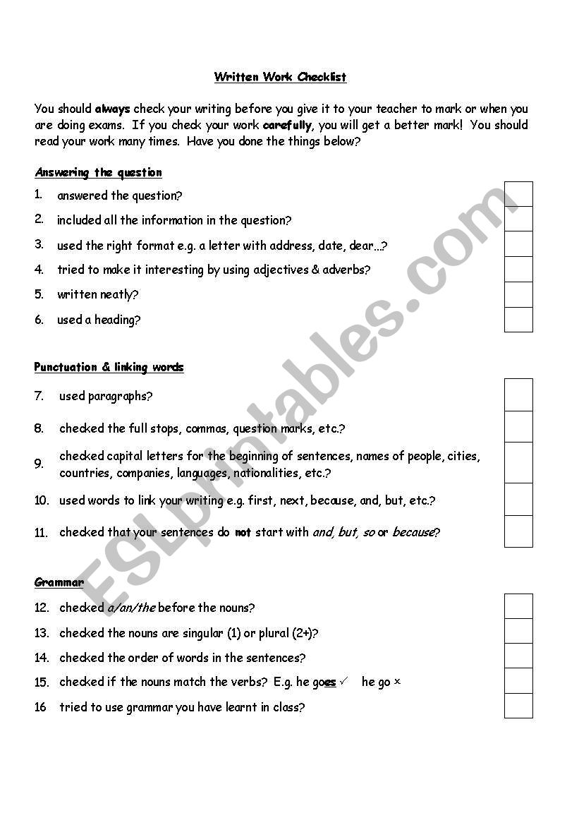 Written Work Checklist worksheet