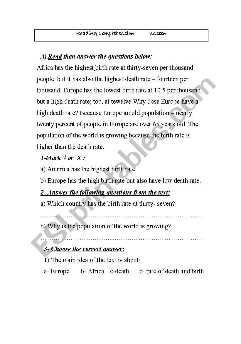 reading comprehension worksheet