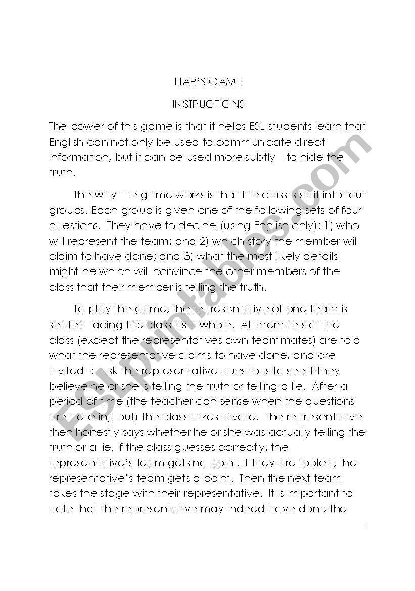 A Liars Game for the Communicative ESL Classroom