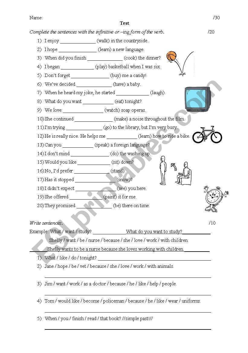 Test for verb patterns worksheet