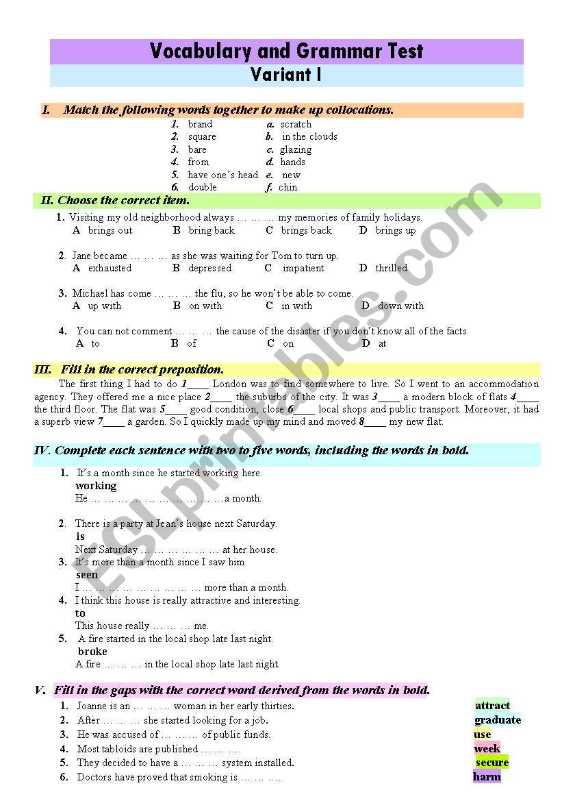 Vocabulary and Grammar Test. II variants+ Keys