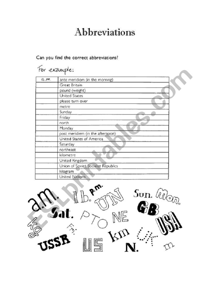 Abbreviations worksheet