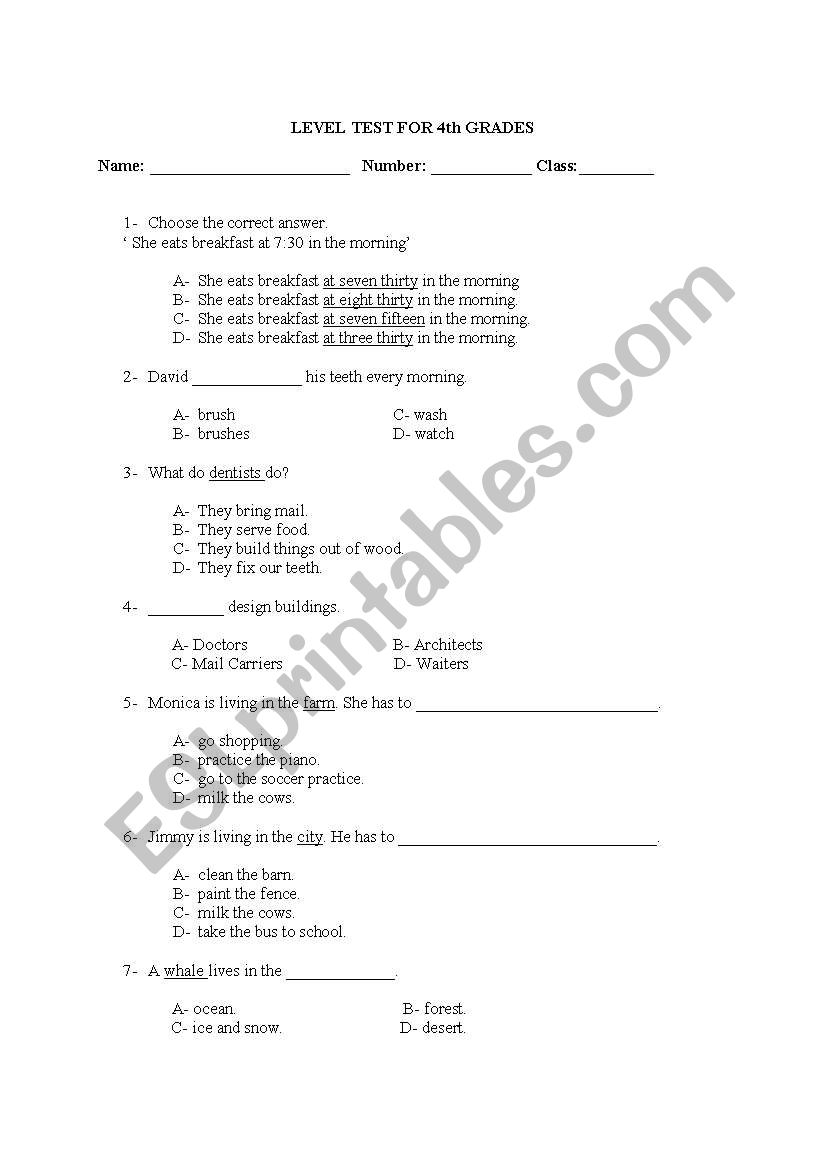 placement test worksheet