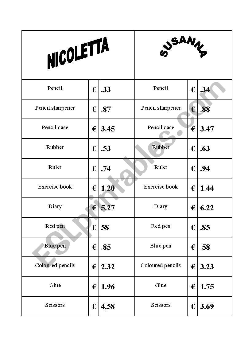 buying school objects 3 (3 Work sheets)