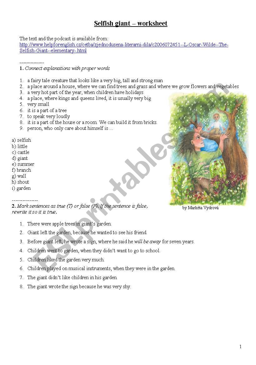 Selfish giant - reading + listening + worksheet