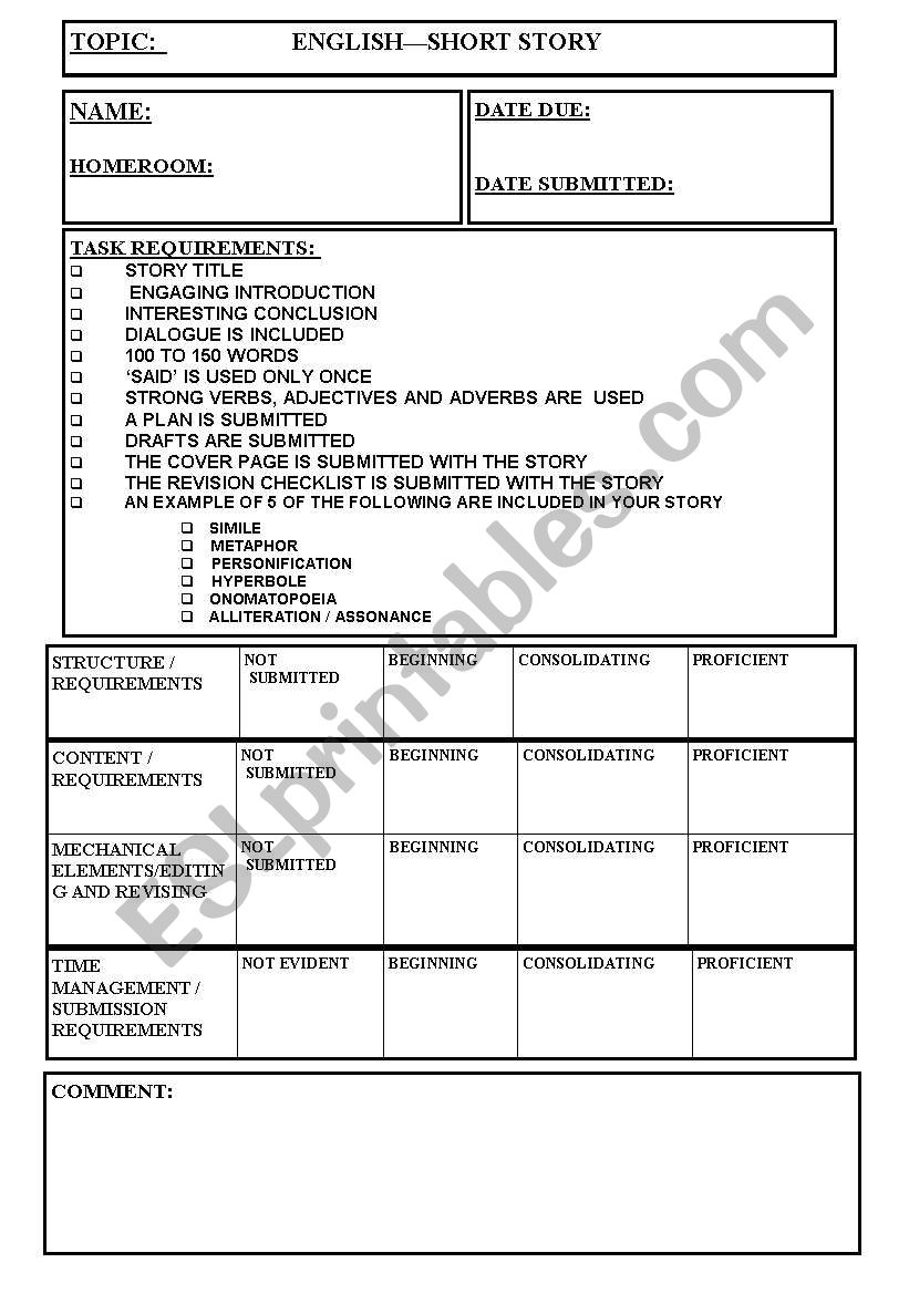 Short story cover sheet with checklist and rubric