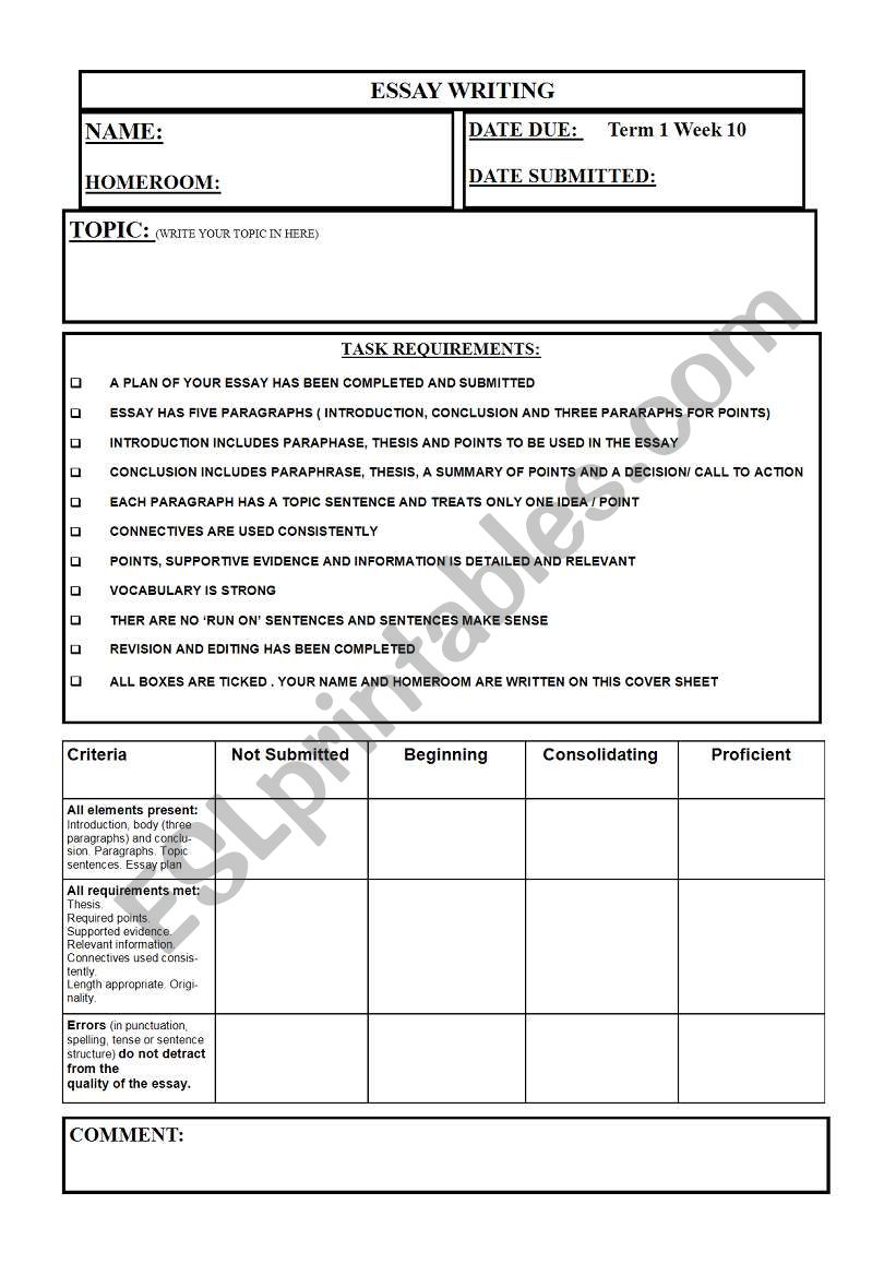 Essay cover sheet with a checklist and rubric