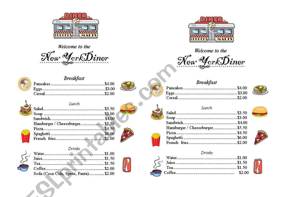 New York Diner Menu worksheet