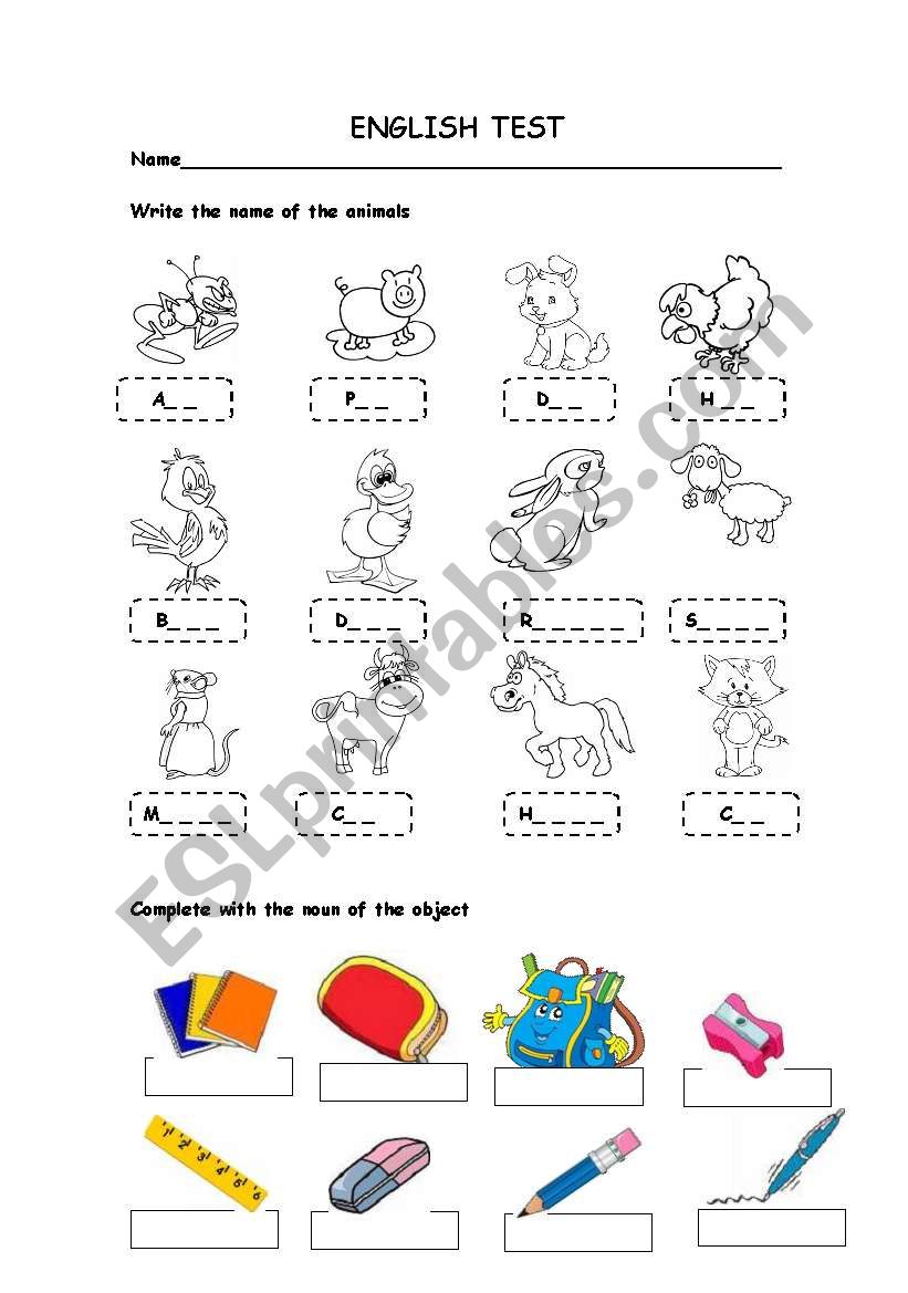 English Test. Animals and School vocabulary
