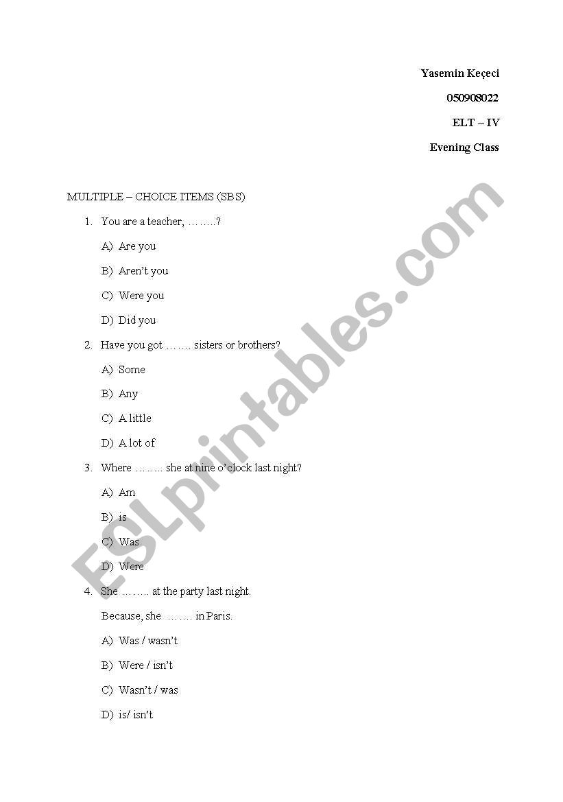 yds &sbs test items worksheet
