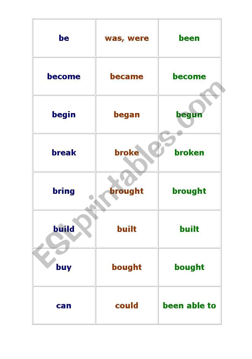 Irregular verbs (3 forms) for card matching game