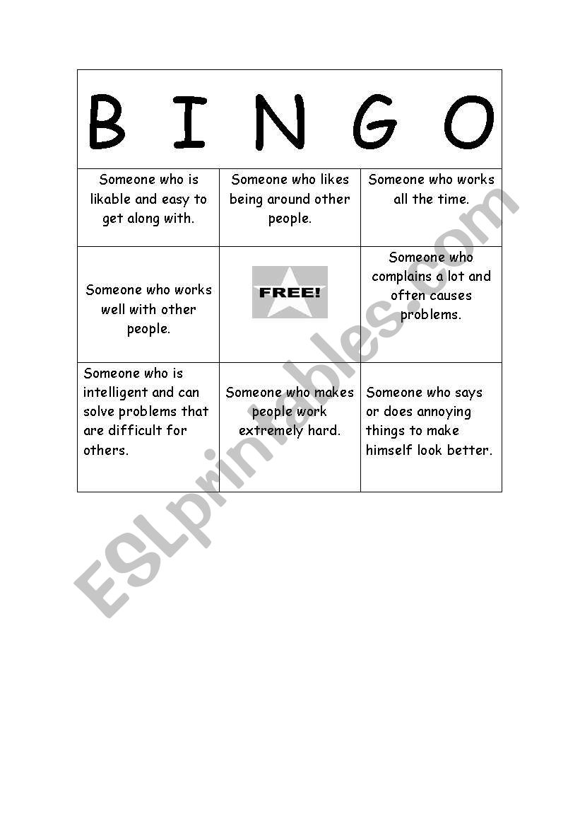 Bingo worksheet