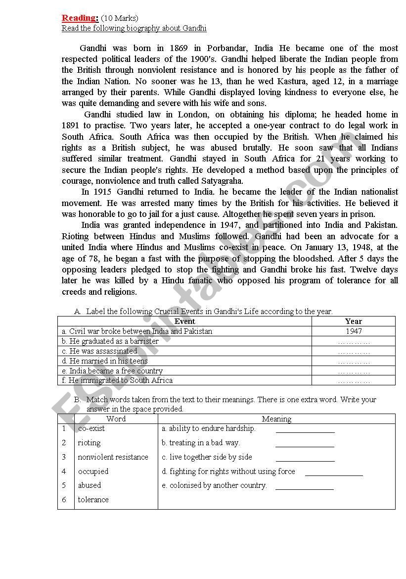 reading quiz  Gandhi Ghandi worksheet