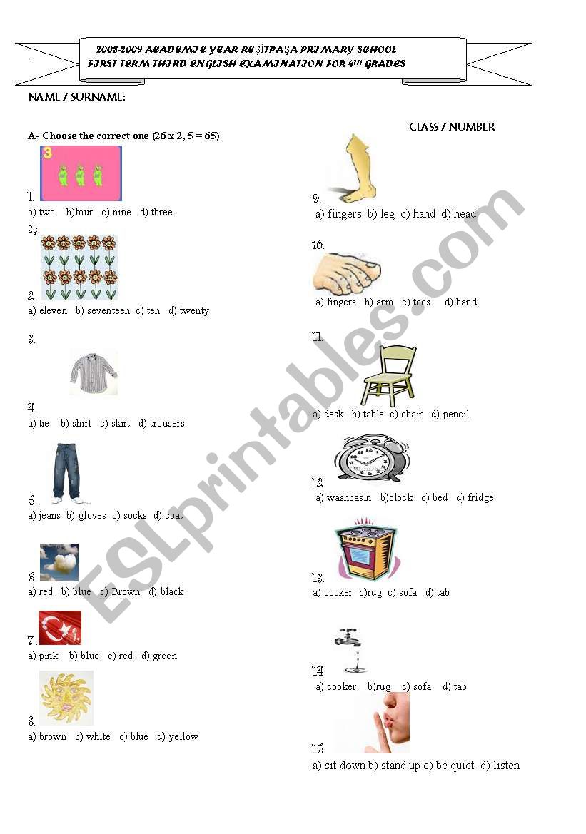 exam for 4th grades worksheet