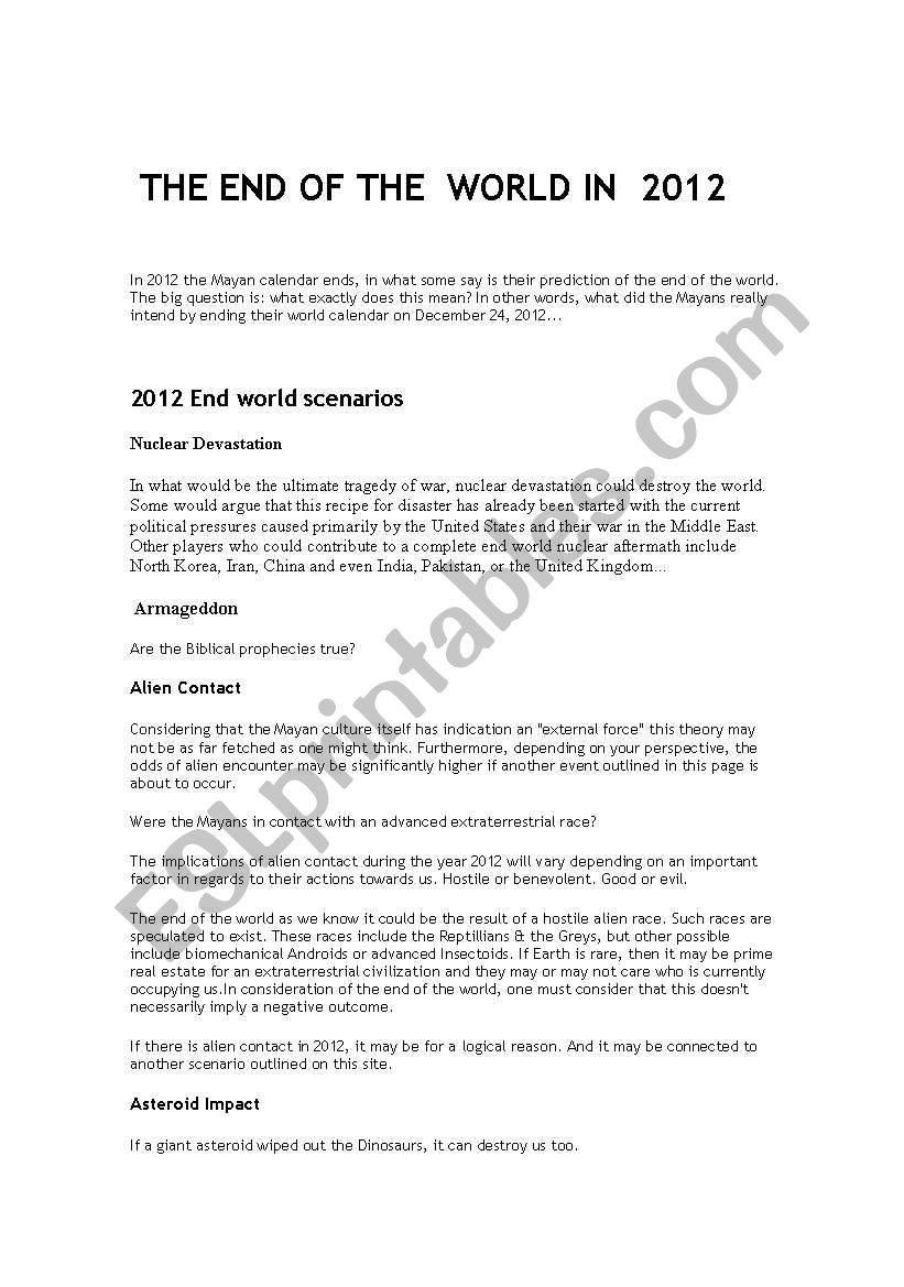 The end of the world in 2012 worksheet
