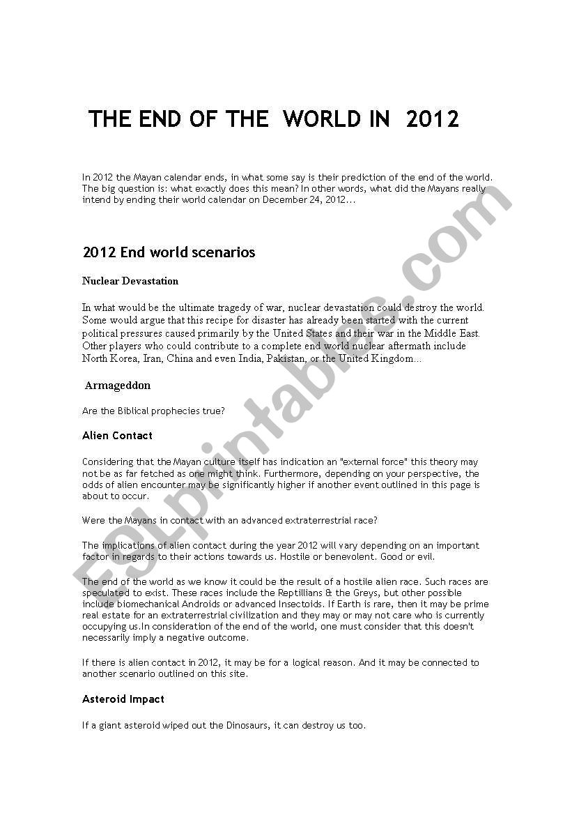 The end of the world in 2012 worksheet