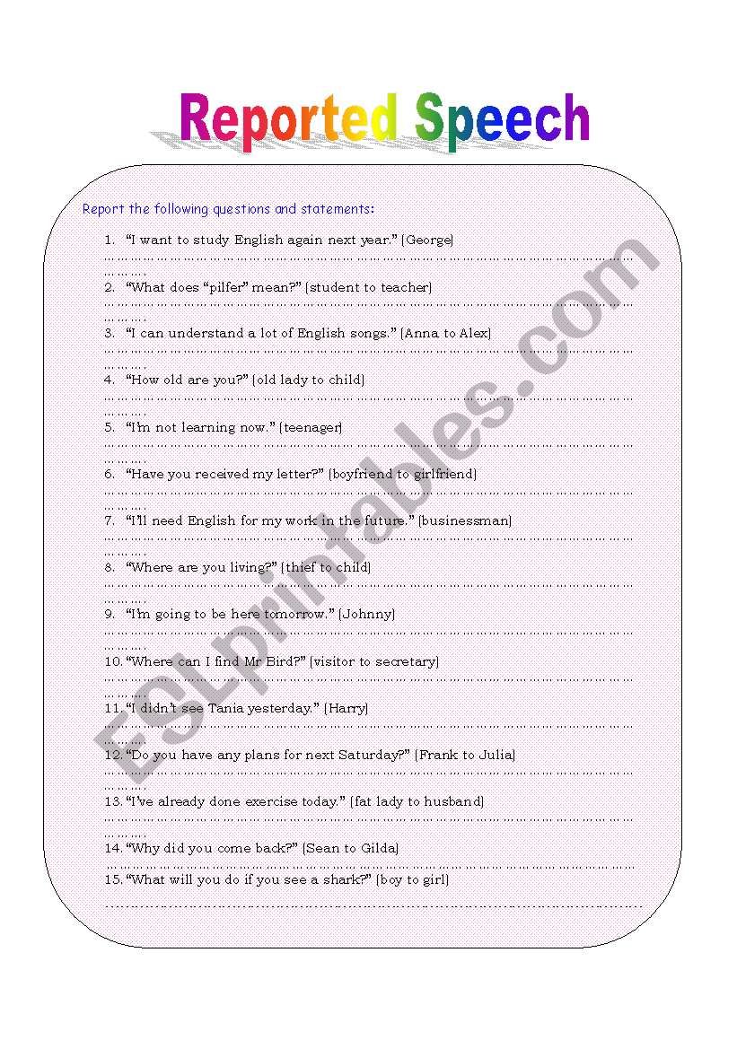 Reported Speech worksheet