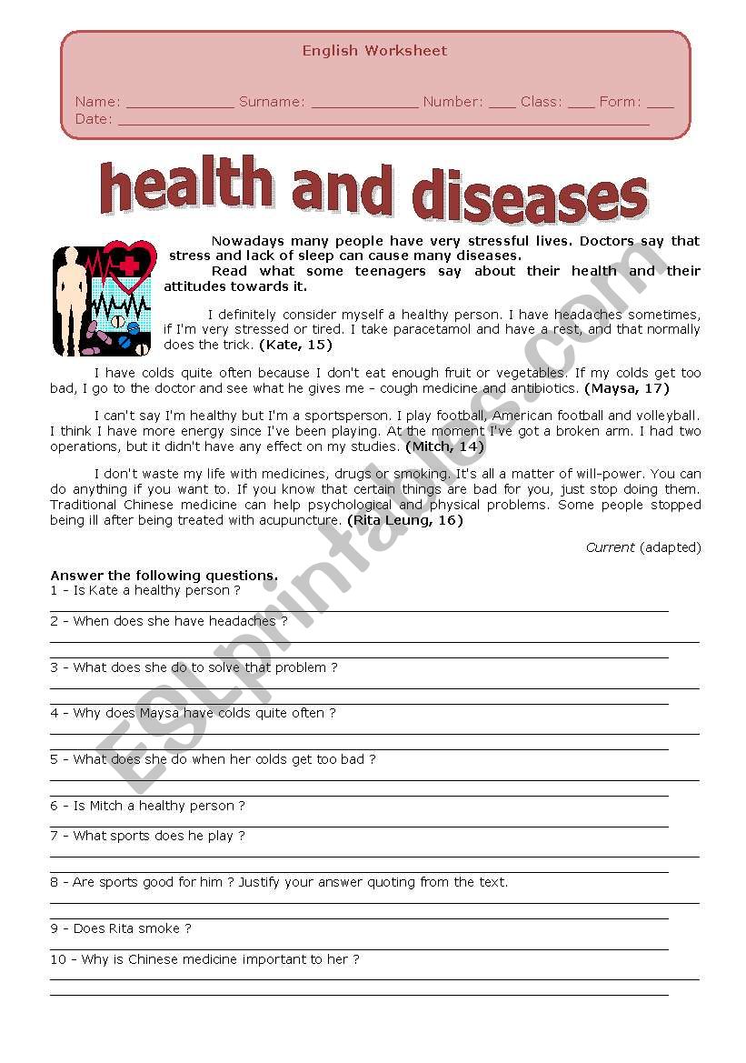 HEALTH AND DISEASES worksheet