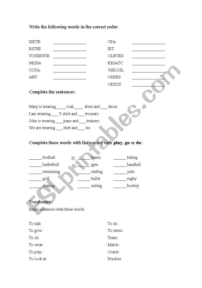 Clothes and activities worksheet