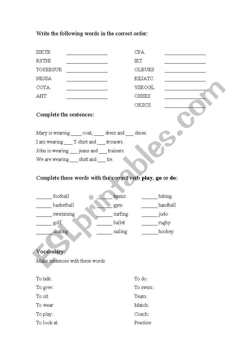 Clothes and activities worksheet