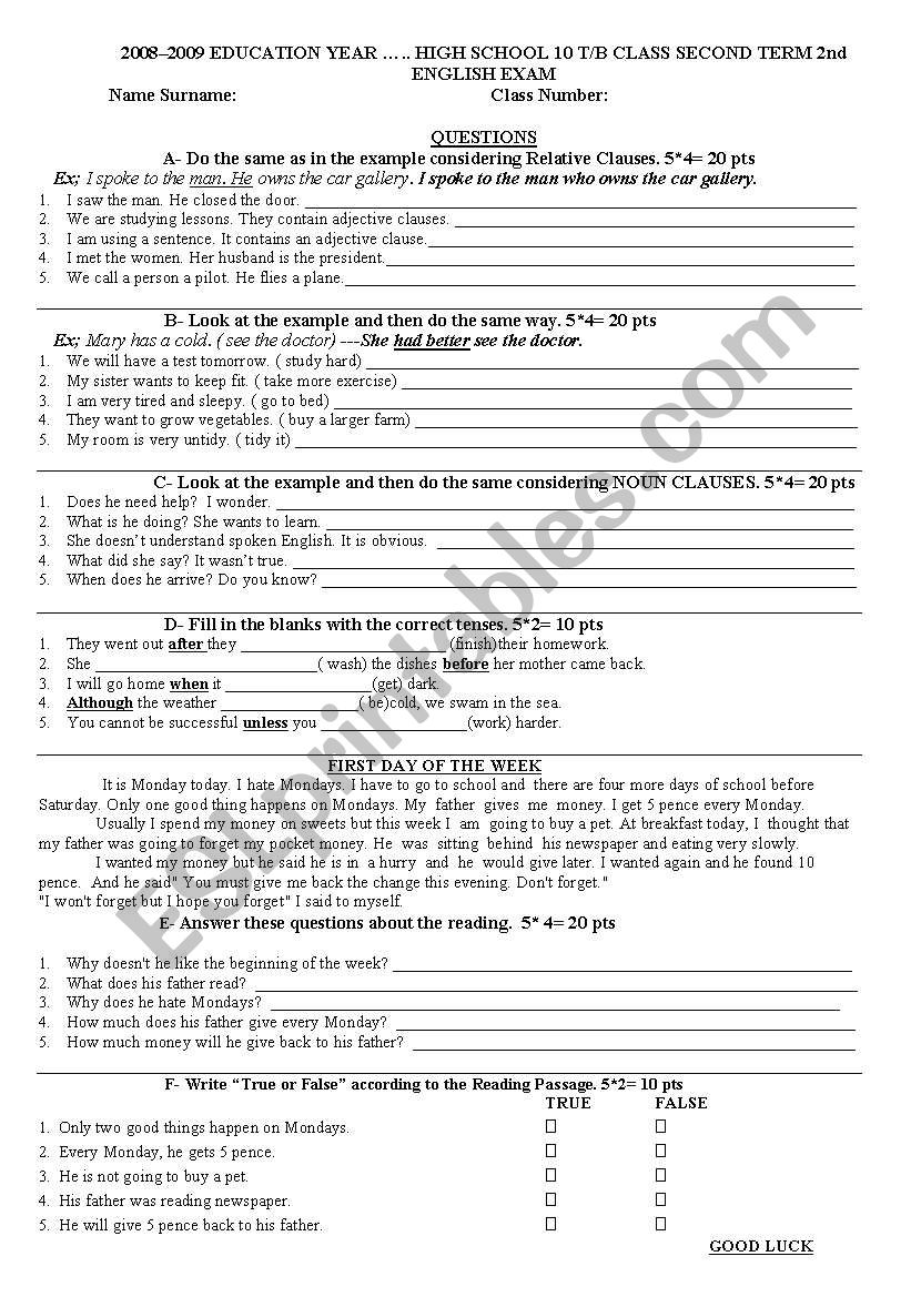 exam worksheet