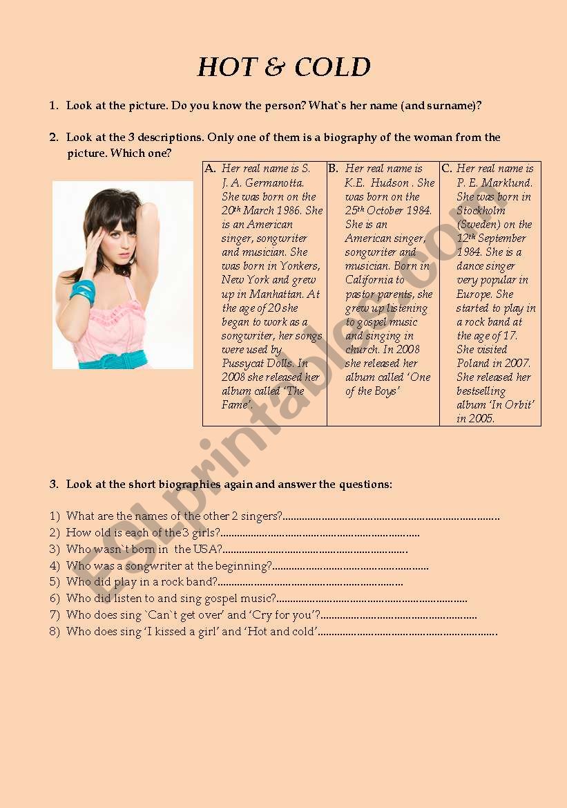 Katy Perry Â´Hot & ColdÂ´ 1 worksheet
