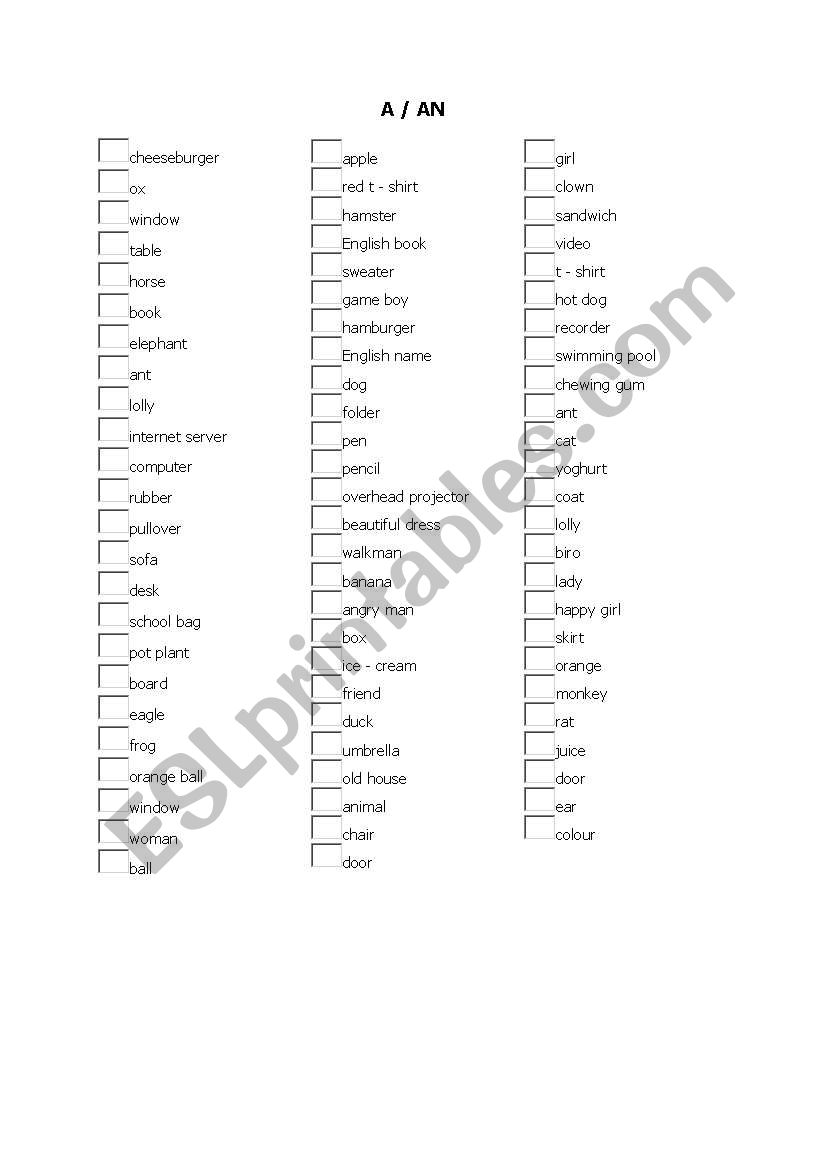 A or An worksheet