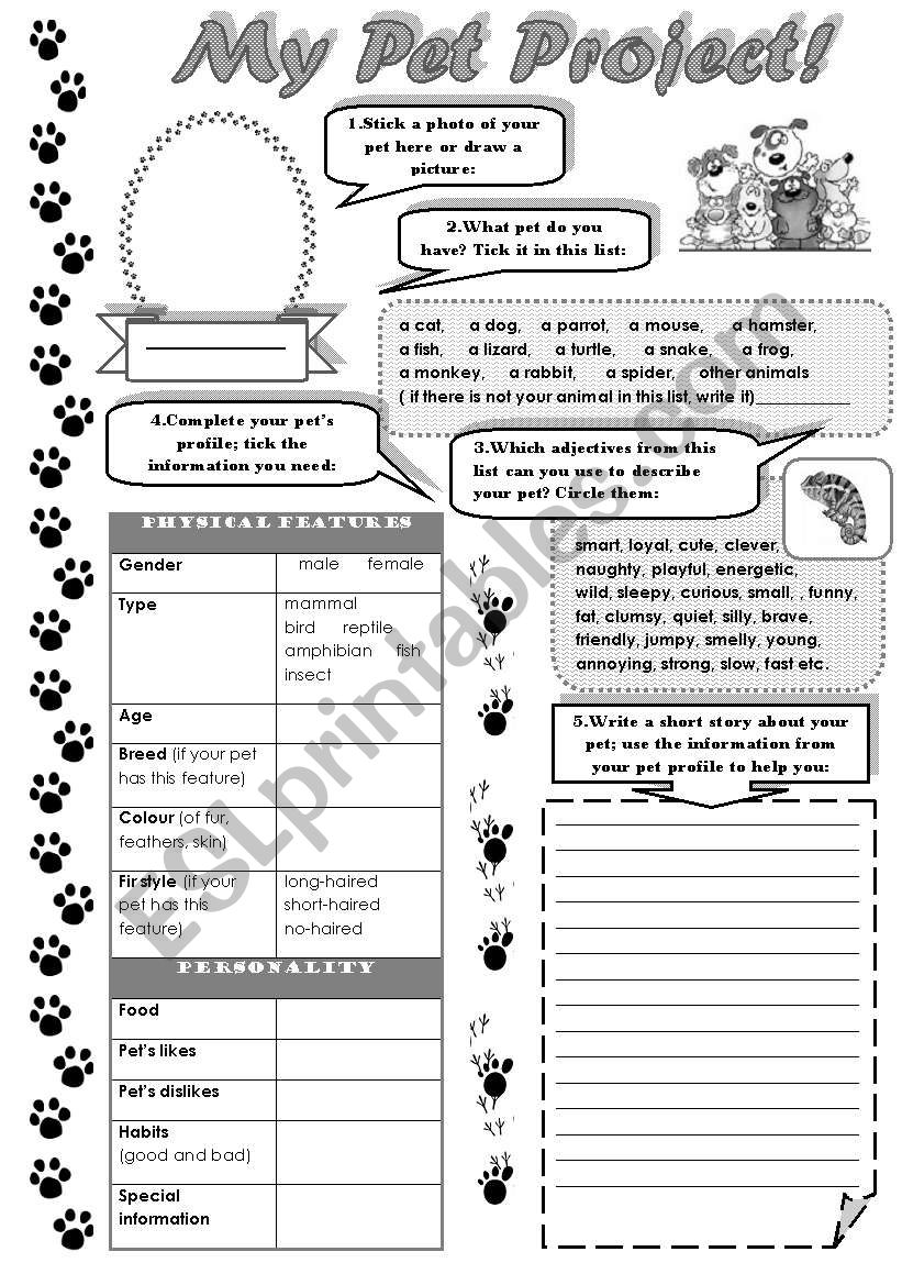 MY PET PROJECT! -  describing a pet worksheet ( writing activity )