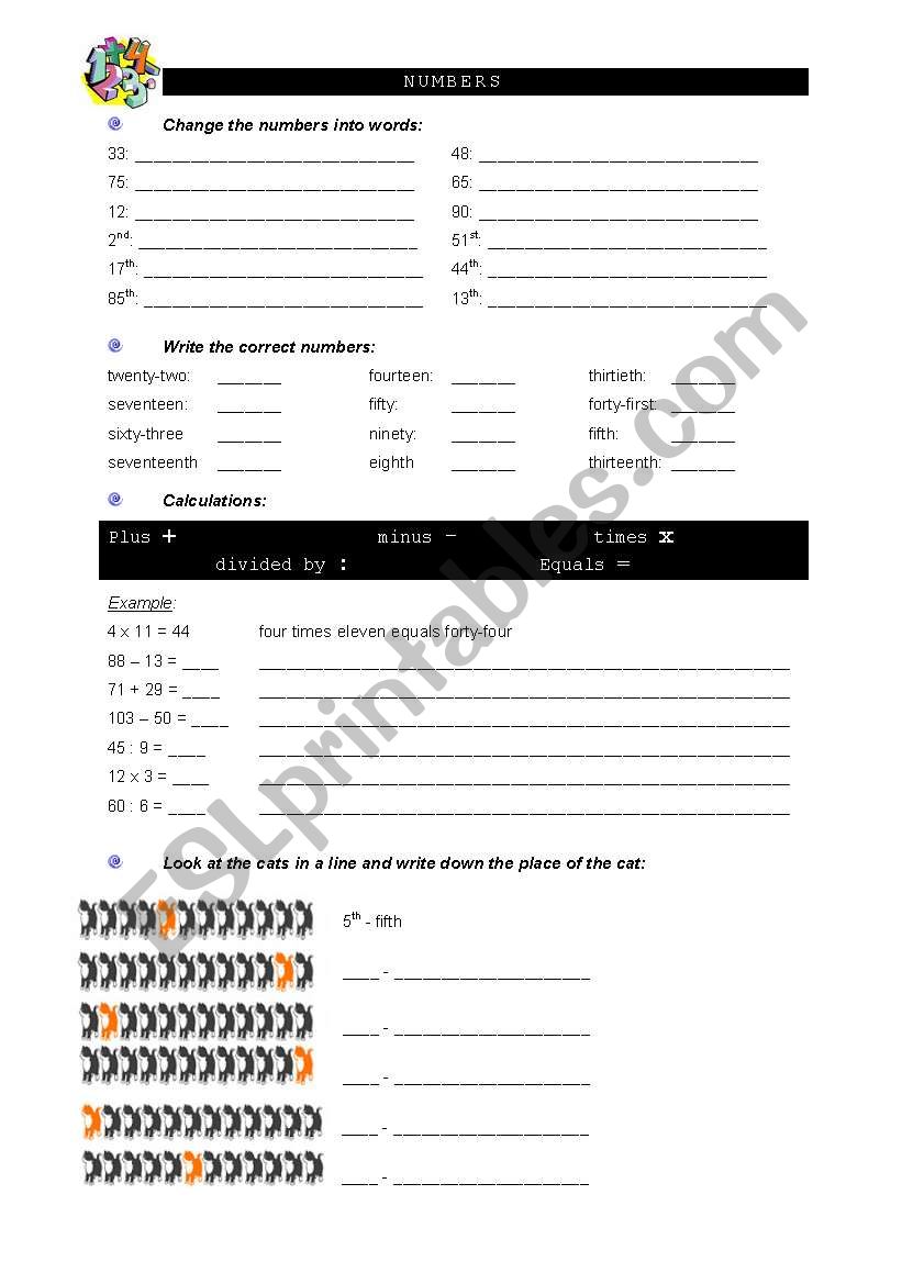 Ordinal and Cardinal Numbers worksheet