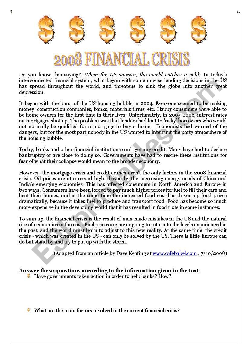 2008 FINANCIAL CRISIS worksheet