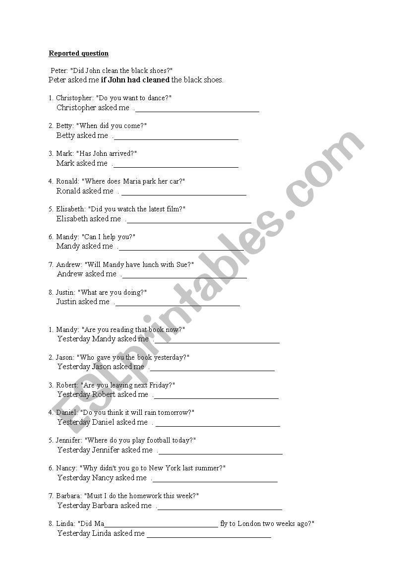reported question worksheet