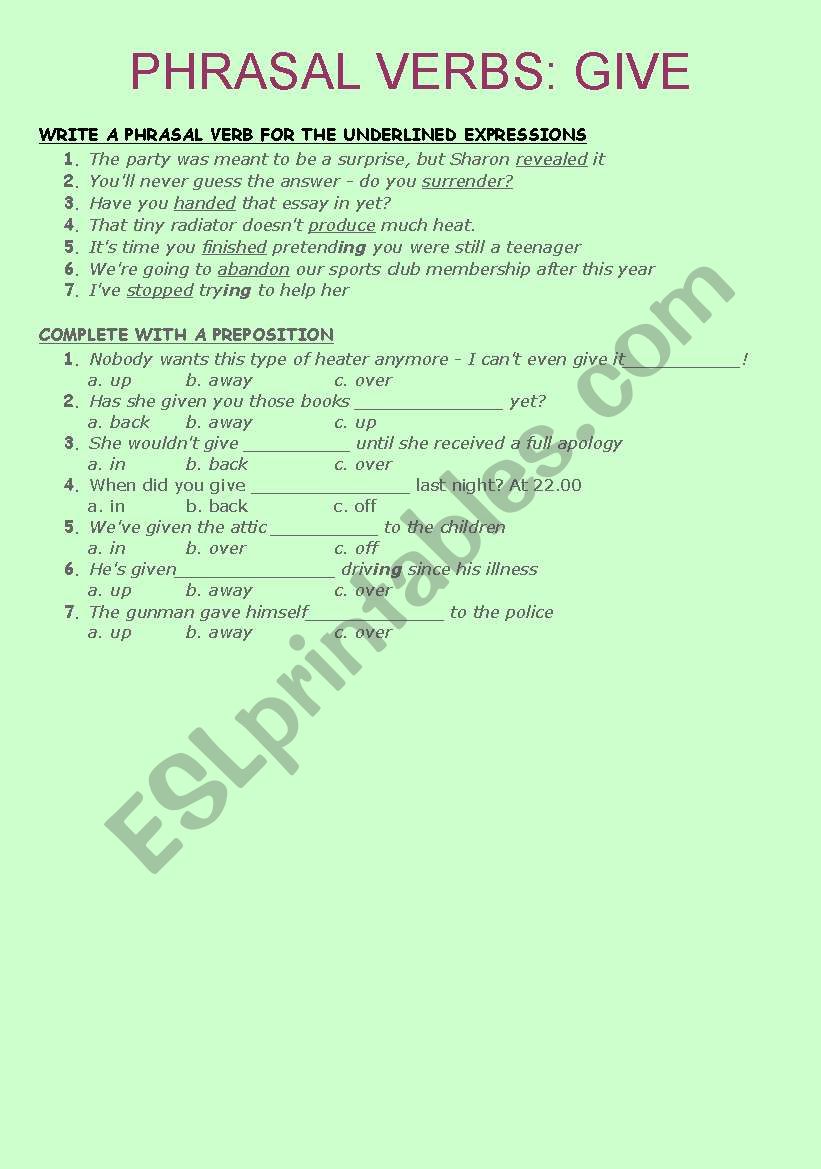 phrasal verbs give worksheet