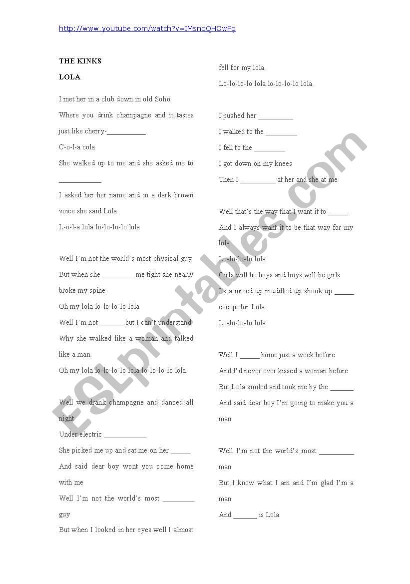 The Kinks, Lola (Song) worksheet