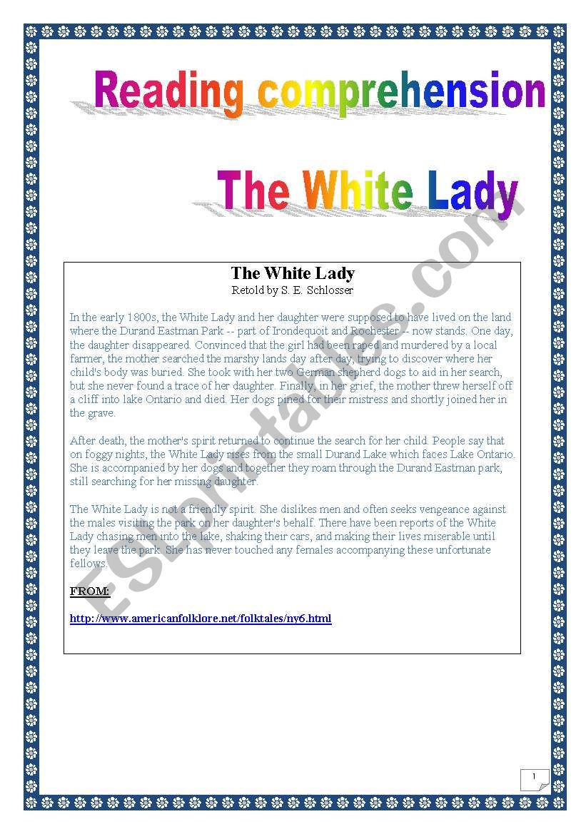 American folklore series: The White Lady (guided reading project, 3 pages)