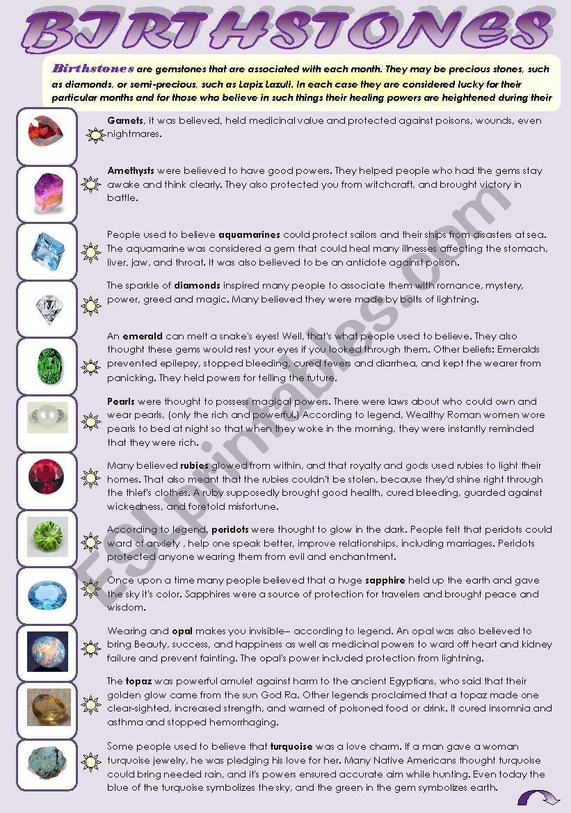 BIRTHSTONES! - READING + YOUR BIRTHSTONE PERSONALITY QUIZ (2 pages)