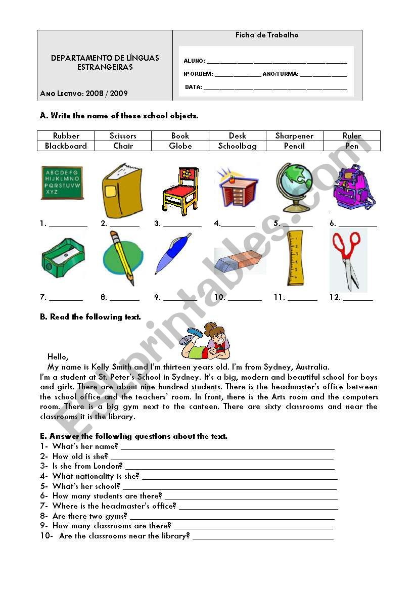 School objects + reading comprehension