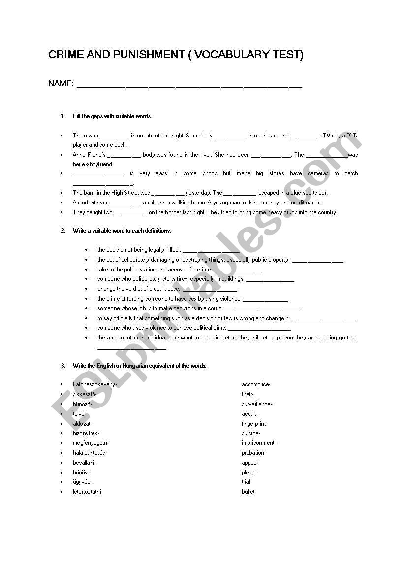 crime and punishment worksheet