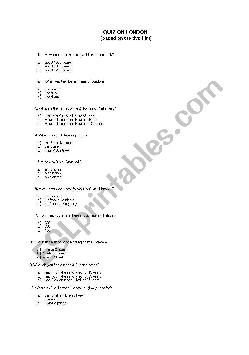 London quiz worksheet