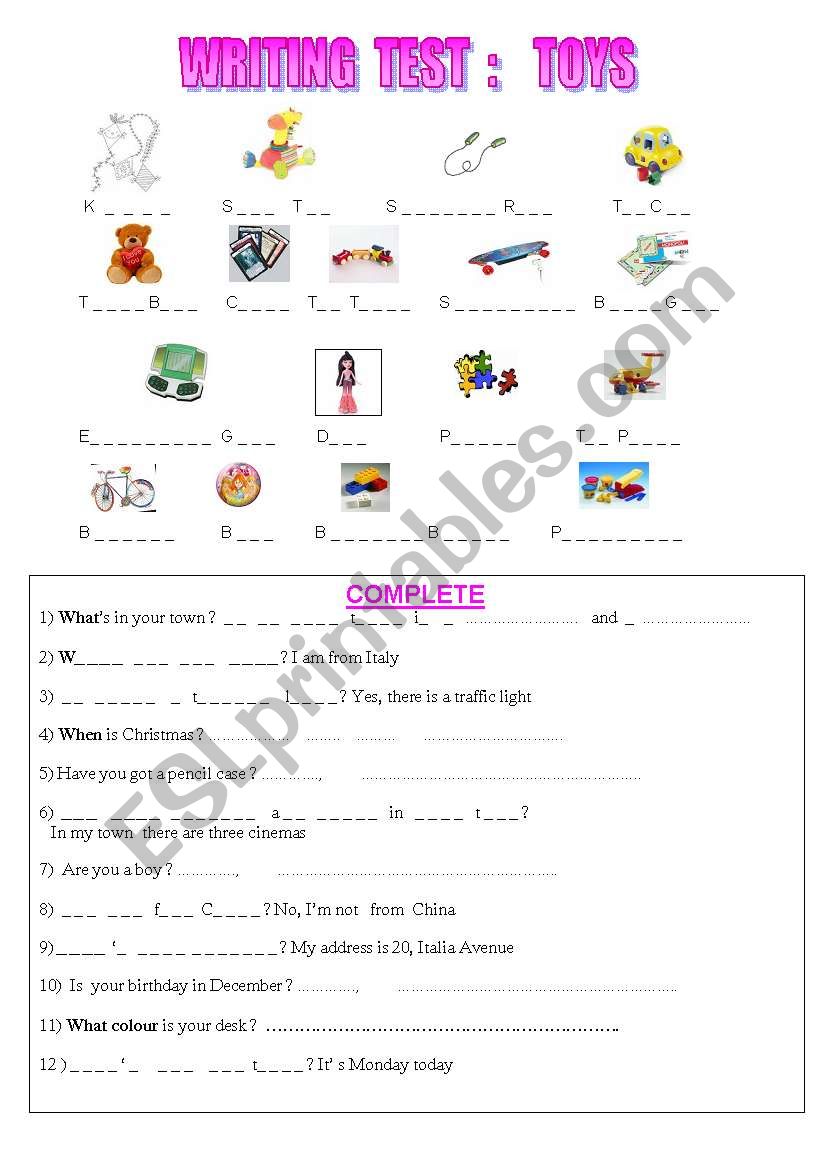 WRITING  TEST  : TOYS worksheet