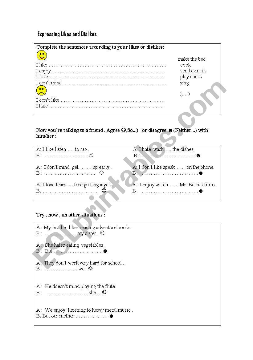 Likes and Dislikes worksheet
