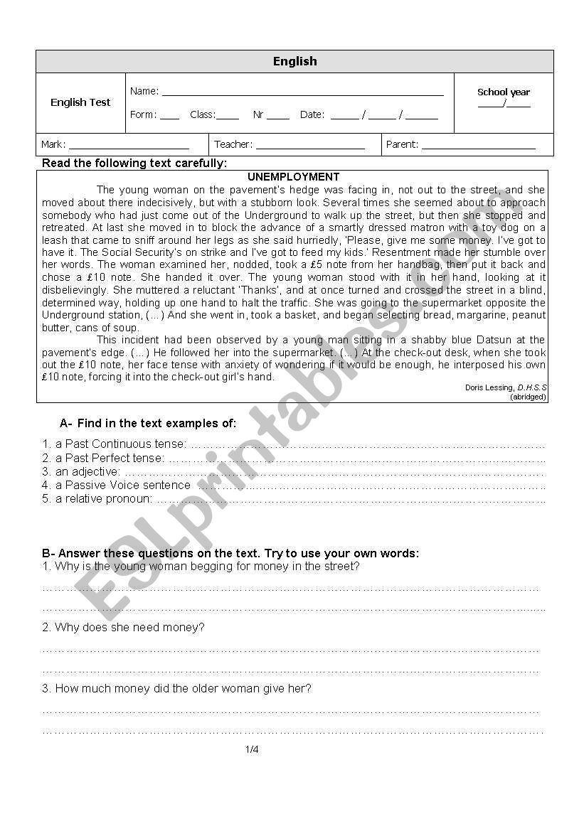 Test on UNEMPLOYMENT worksheet